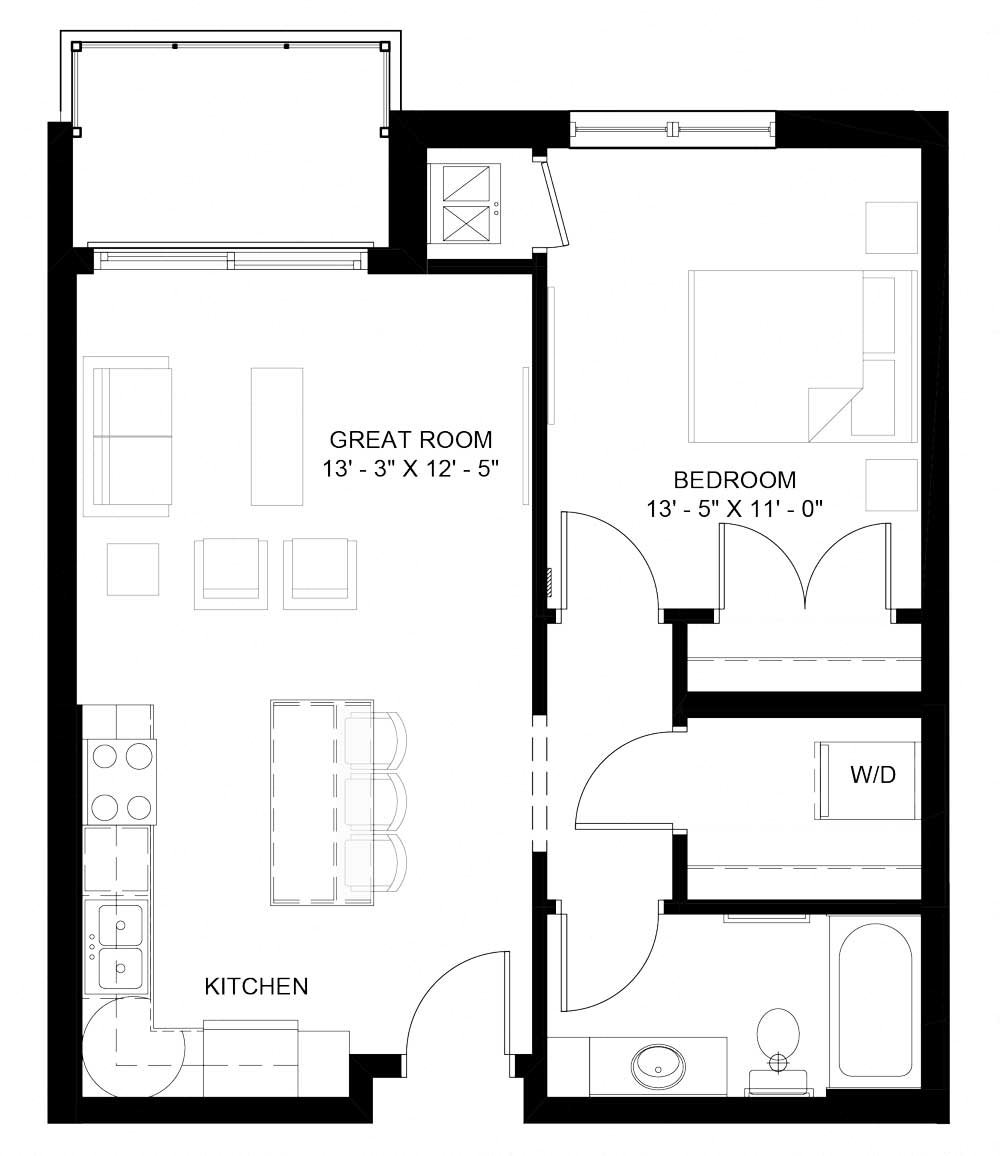 Floor plan for 1 bed, 1 bath, 691 sqft